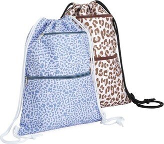 Zodaca 2 Pack Cinch Sack Drawstring Backpack for Beach Trips, Water Resistant Gym Bag with Front Zipper Pockets for Yoga, 13 x 17 inch, Animal Print