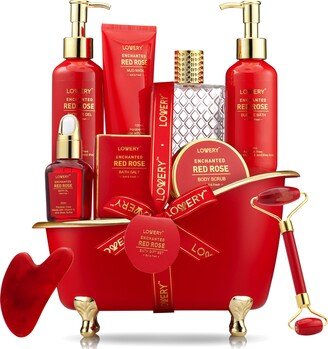 Lovery Luxe 11pc Red Rose Bath and Body Set with Perfume, Jade Roller, Gua Sha & More