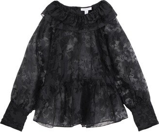 Black Organza Floral Print Peplum Hem Blouse Blouse Black