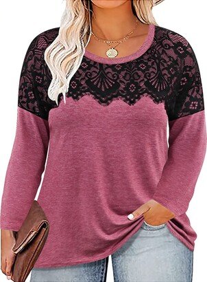 TIYOMI Plus Size Tops for Women Long Sleeve Crewneck T Shirts Casual Lace Color Block Tunic Blouses Fall Tees Sweatshirts Outwear Purple Solid Color Loose Fit Fall Tees