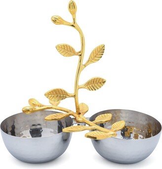 Cheer Collection Berkware Shiny Polished Stainless Steel Two Sectional Serving Bowl with Gold Leaf Handle