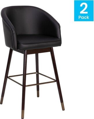 Margo 30 Commercial Grade Mid-Back Modern Barstool with Walnut Finish Beechwood Legs and Curved Back, Black LeatherSoft/Bronze Accents-Set of 2