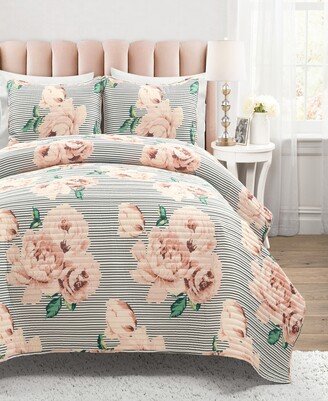 Mira Vintage-Like Floral Oversized 3-Piece Quilt Set, Full/Queen