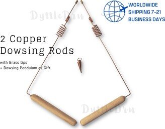 2 Copper Dowsing Rods With Double Resonator + Cooper Solid Pendulum As Gift | Pair Of Divining Rods Divination