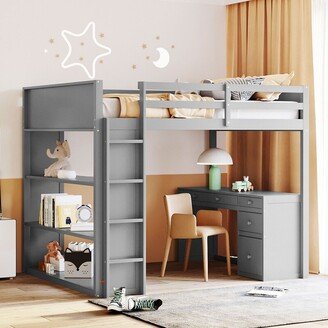 Tiramisubest Full Bed Loft Bed with Ladder, Shelves,Desk