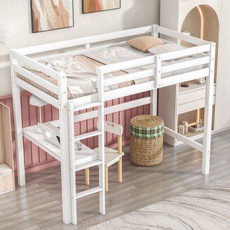 Twin Loft Bed with built-in desk,White/Grey