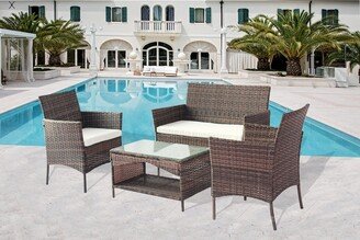 Patio 4 piece Brown Outdoor Rattan Furniture Set with Cushions
