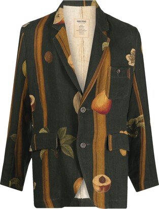 Fruit-Print Button-Up Linen Blazer