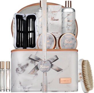 Lovery Luxe 16pc Bath and Body Set With Cosmetic Bag, Perfumes and More, Rose Spa Kit-AA