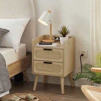 RASOO Set of 2 Handmade Rattan Nightstands with Outlets, USB Port, Octagonal Drawer, and Solid Wood Legs