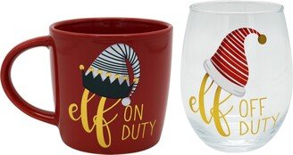 Tmd Holdings Elf On and Off Duty Mug and Wine Glass Set, 2 Piece