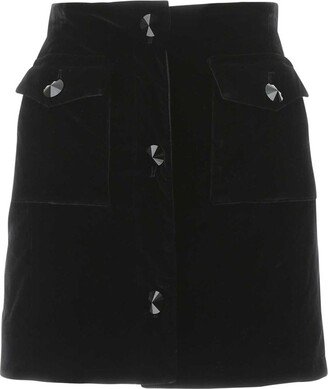 Button Detailed Velvet Mini Skirt