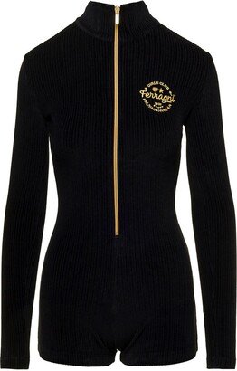 Black Short Jumpsuit with Zip and Logo Embroidery in Chenille Woman