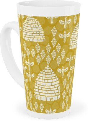 Mugs: Bee Hives, Spring Florals Linocut Block Printed - Golden Yellow Tall Latte Mug, 17Oz, Yellow