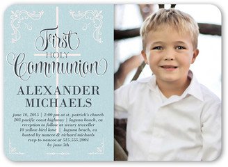 First Communion Invitations: Decorative Borders Boy Communion Invitation, Blue, Matte, Signature Smooth Cardstock, Rounded