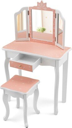Princess Vanity Table and Chair Set with Tri-Folding Mirror and Snowflake Print - N/A