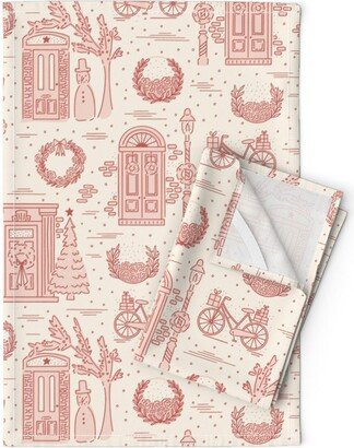 Modern Toile Tea Towels | Set Of 2 - A Festive Stroll By Carysmula Pink Cream Cityscape Linen Cotton Spoonflower