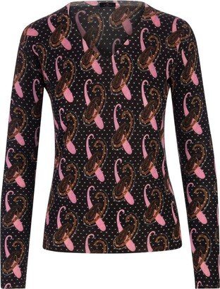 All-over Paisley Patterned V-neck Sweater