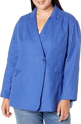 Plus Double-Breasted Crossover Blazer in 100% Linen (Bluestone) Women's Coat