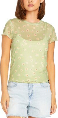 Juniors' Cryptogram Mesh-Overlay Cap-Sleeve Top