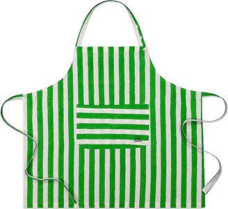 Kate Austin Designs Organic Cotton Adjustable Neck Strap Apron With Front Pocket And Waist Tie Closures In Green And White Cabana Stripe Block Print