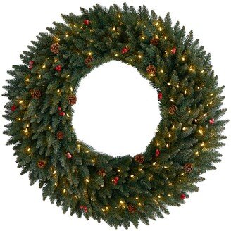 Large Flocked Artificial Christmas Wreath with Pinecones, Berries, 150 Clear Led Lights and 400 Bendable Branches, 4'