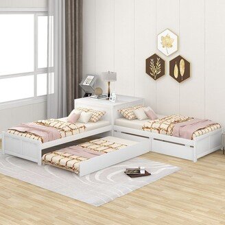 IGEMAN Twin Size L-shaped Platform Bed with Trundle and Drawers,with built-in Flip Square Table