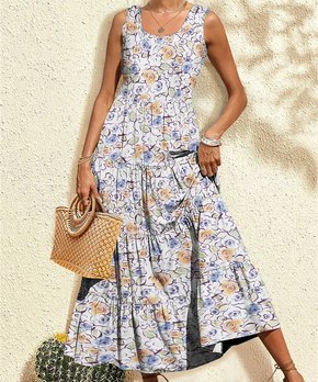 White & Blue Floral Tiered Sleeveless Maxi Dress - Women & Plus