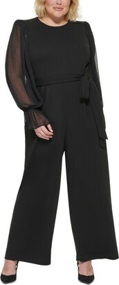 Size Sheer-Sleeve Wide-Leg Jumpsuit - Black/Black