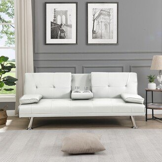 66sofa bed with Armrest two holders WOOD FRAME, STAINLESS LEG, FUTON WHITE PVC