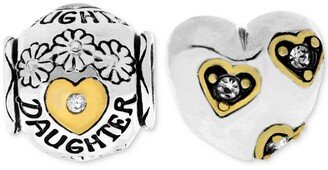 Two-Tone 2-Pc. Set Cubic Zirconia Floral Daughter & Heart Bead Charms in Sterling Silver - Silver/gold