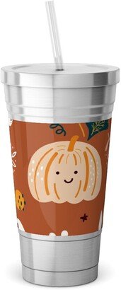 Travel Mugs: Autumn Pattern - Orange Stainless Tumbler With Straw, 18Oz, Orange