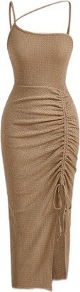 ZIOO 2023 Summer Dresses for Women - Asymmetrical Neck Drawstring Split Thigh Dress (Color : Khaki