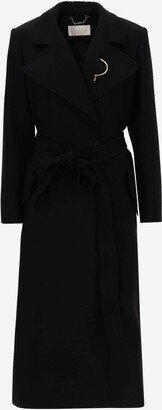 Gabardine Long Coat With Brooch Detail