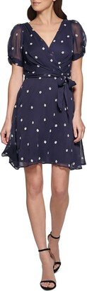 Petites Womens Embroidered Above Knee Fit & Flare Dress