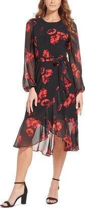 Petite Montreux Floral Midi Dress - Black/Scarlet