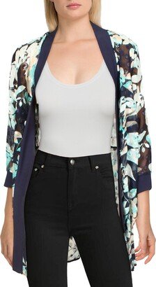 Petites Womens Chiffon Floral Duster Blazer