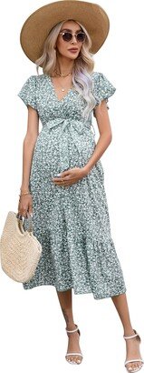 FUNJULY Women's Maternity V Neck Wrap Maxi Summer Dress Short Sleeve Boho Casual Nursing Dress Baby Shower Photoshoot Belt Green Floral-v L