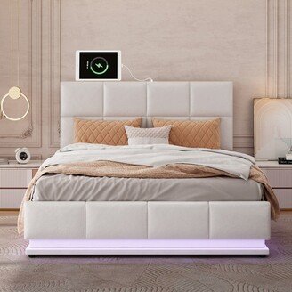 IGEMAN Queen Size Tufted Platform Bed with Hydraulic Storage System,LED Lights and USB charger