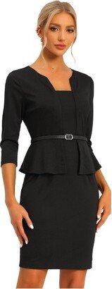 Allegra K Women' Pencil Knee Length 3/4 Sleeve Belted Work Peplum Sheath Dre Black X-Small