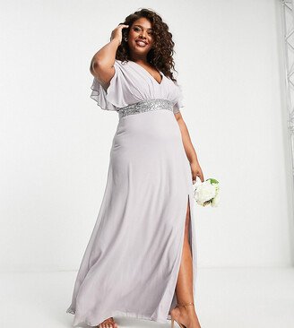 TFNC Plus Bridesmaid chiffon maxi dress with flutter sleeve and embellished waist in gray