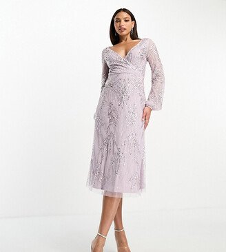 Beauut Tall Bridesmaid embellished wrap front midi dress in lilac