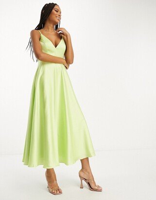 Bridesmaid satin midi dress with tie back in apple green