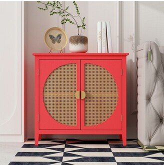 Crete Rattan Accent Storage Cabinet with 2 Rattan Doors,Red Semicircular Shape Doors Storage Cabinet With 1 Adjustable Shelves-Maison Boucle