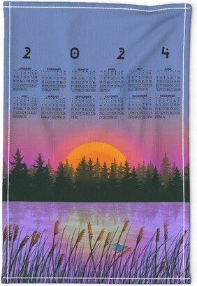 2024 Calendar Tea Towel - Sunset Over The Lake By Marjorie Howe Outdoors Nature Sunrise Linen Cotton Canvas Spoonflower