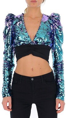 Sequin Embellished V-Neck Cropped Blouse-AA