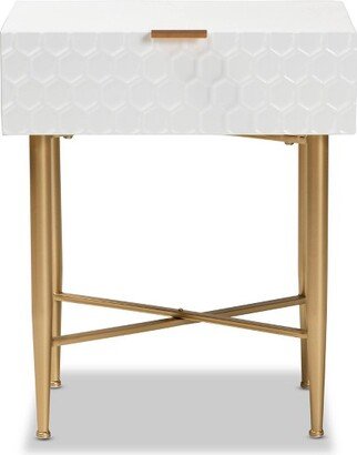 Marcin Wood and Metal 1 Drawer Nightstand White/Gold