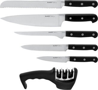 Contempo 6Pc German Steel Knife Set, Wood Case, 3 Stage Sharpener