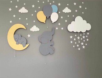 Set Of 4 | Nursery Wall Lighting, Elephant Balloons Moon & Cloud Kids Lamp Baby Room Decor