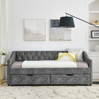 IGEMAN Linen Daybed with Drawers,Tufted Sofa Bed with Button and Copper Nail